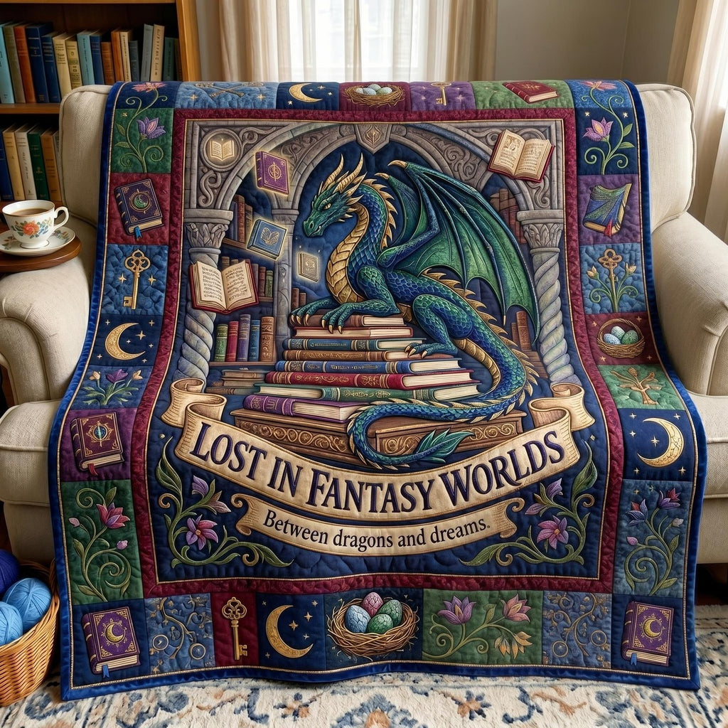Bookworm Dragon Quilted Blanket printed blanket