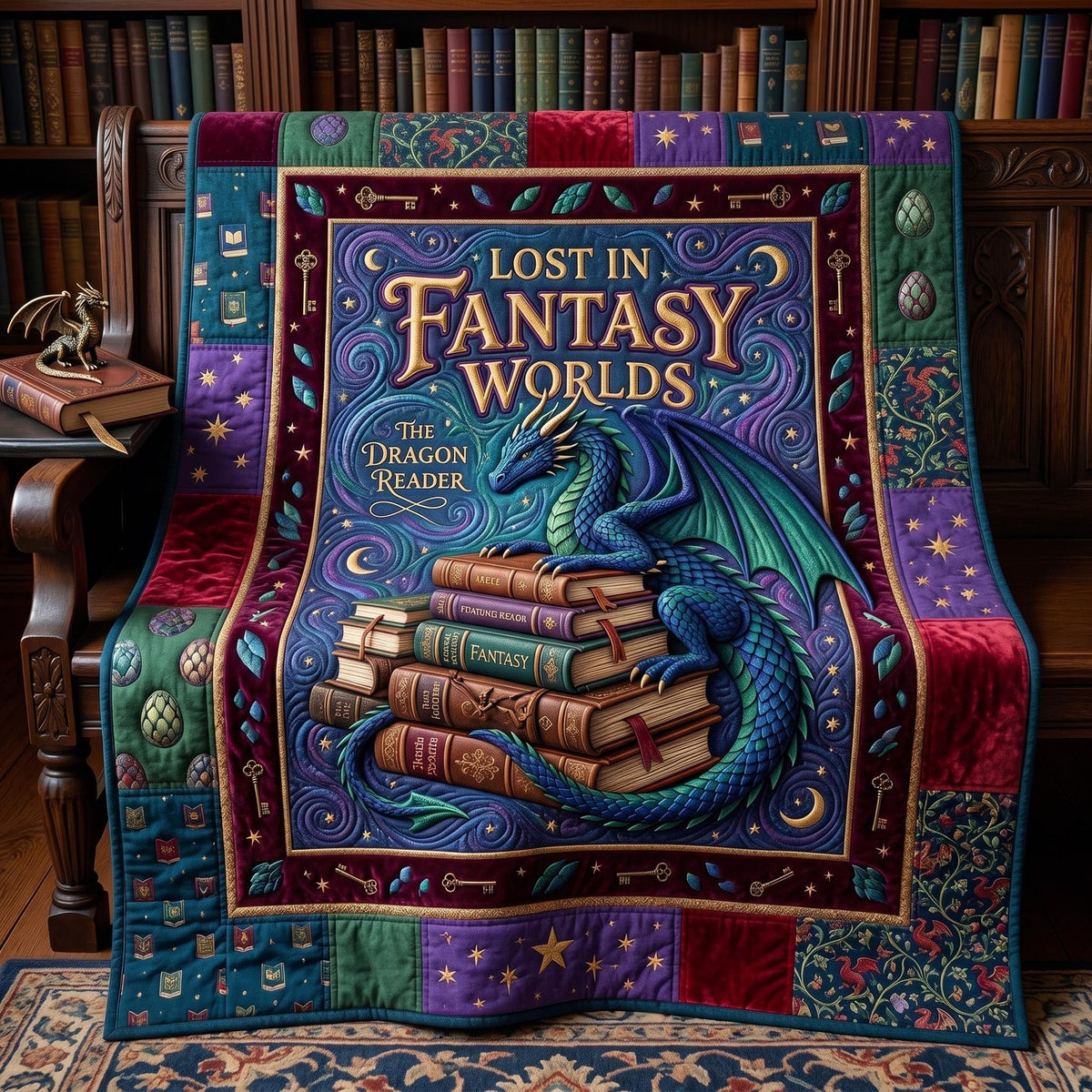 Bookworm Dragon Quilted Blanket printed blanket