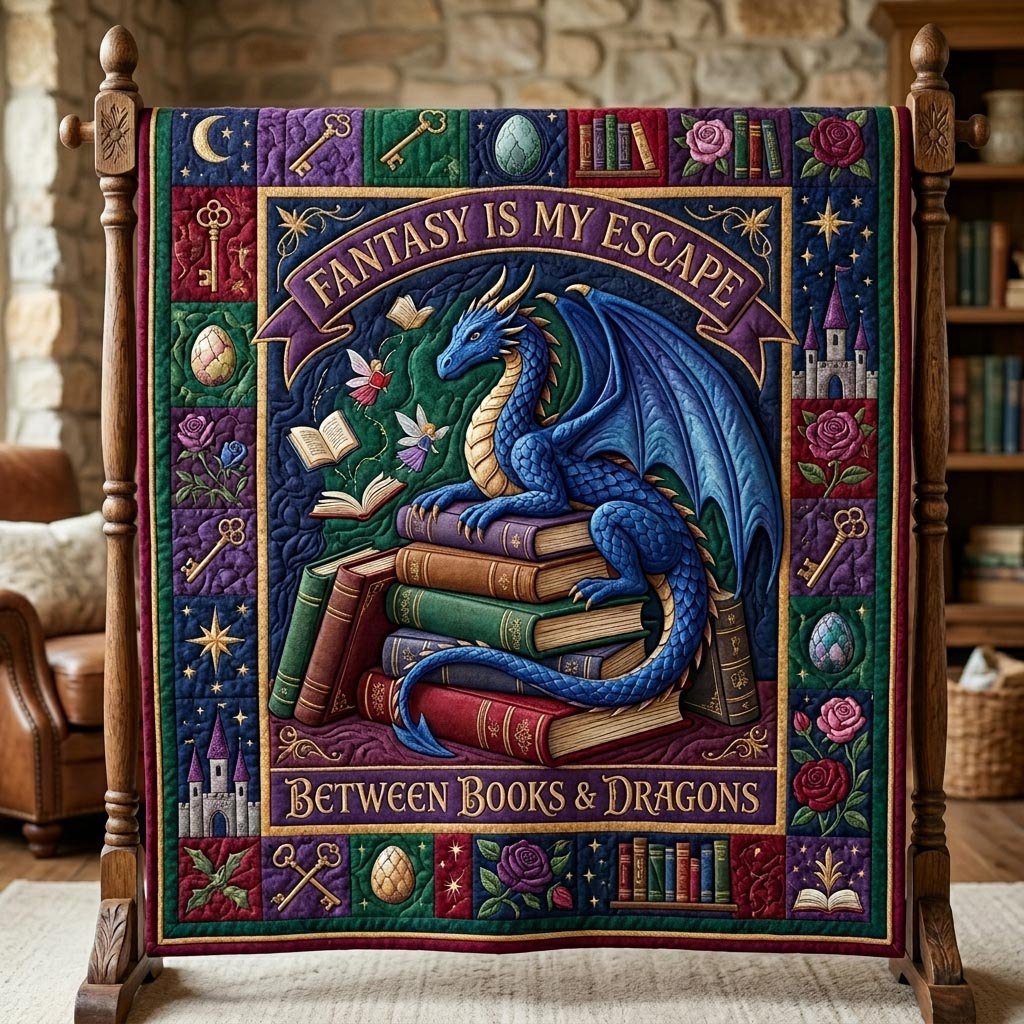 Bookworm Dragon Quilted Blanket printed blanket