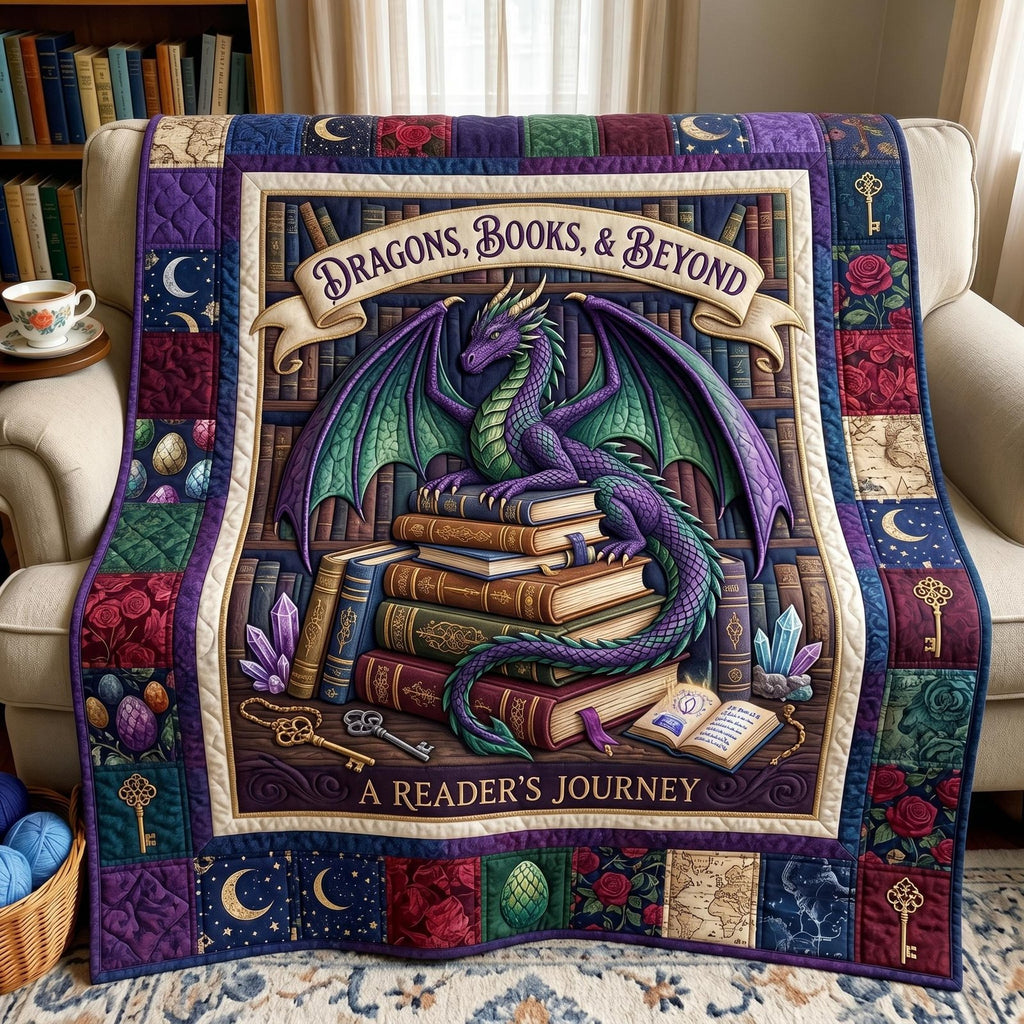 Bookworm Dragon Quilted Blanket printed blanket
