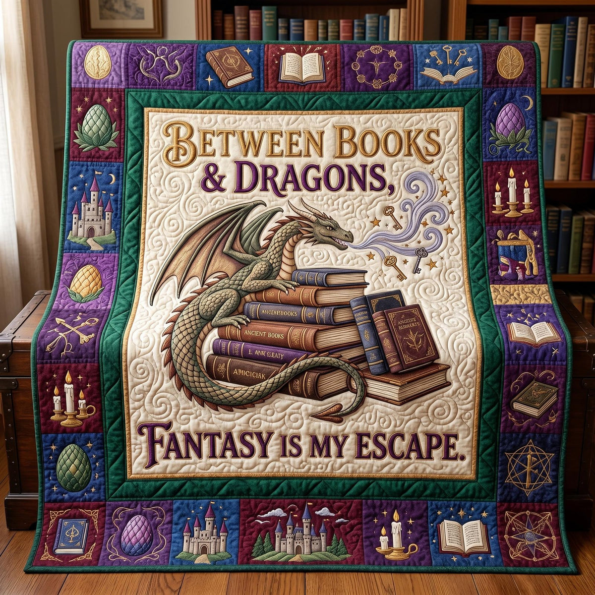 Bookworm Dragon Quilted Blanket printed blanket