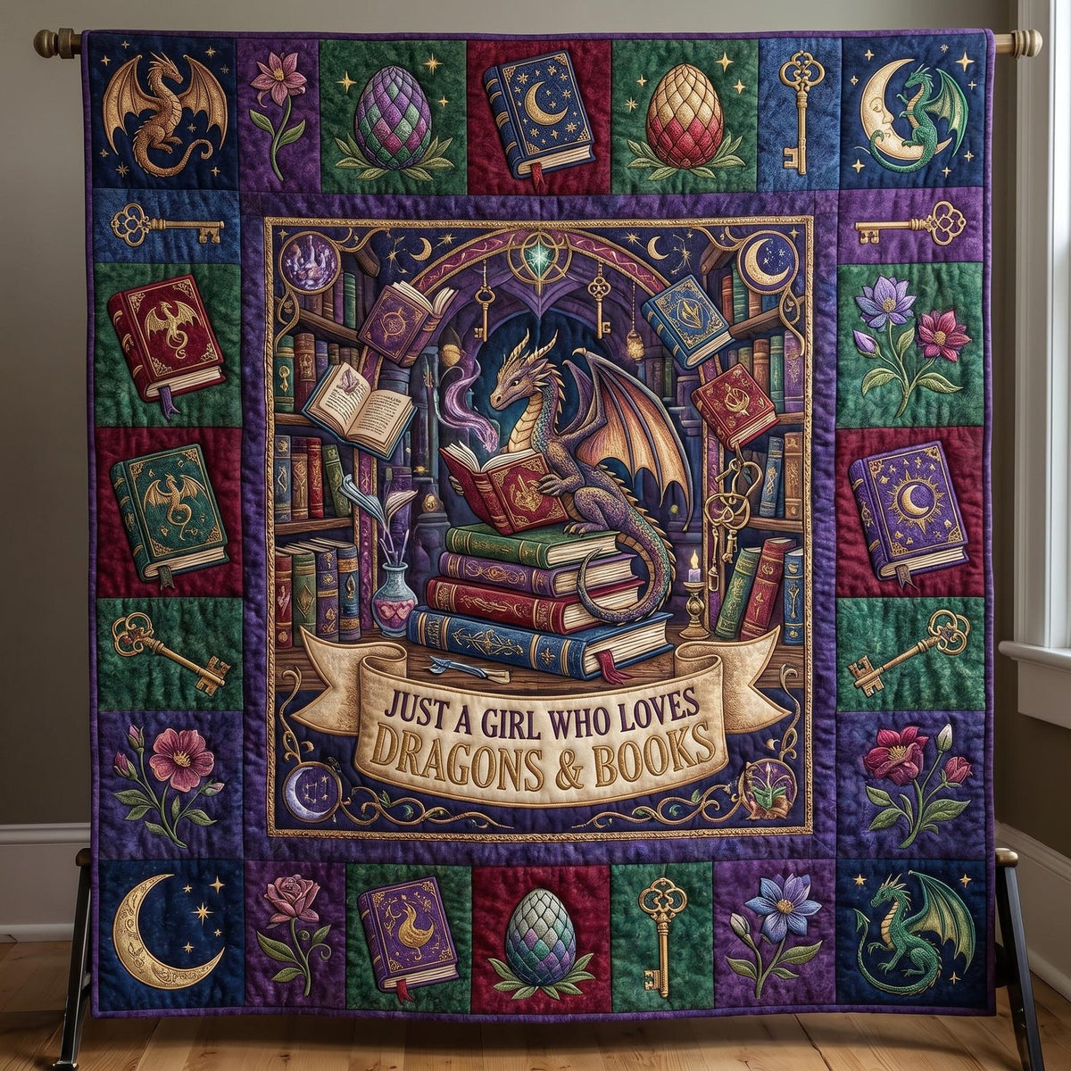 Bookworm Dragon Quilted Blanket printed blanket