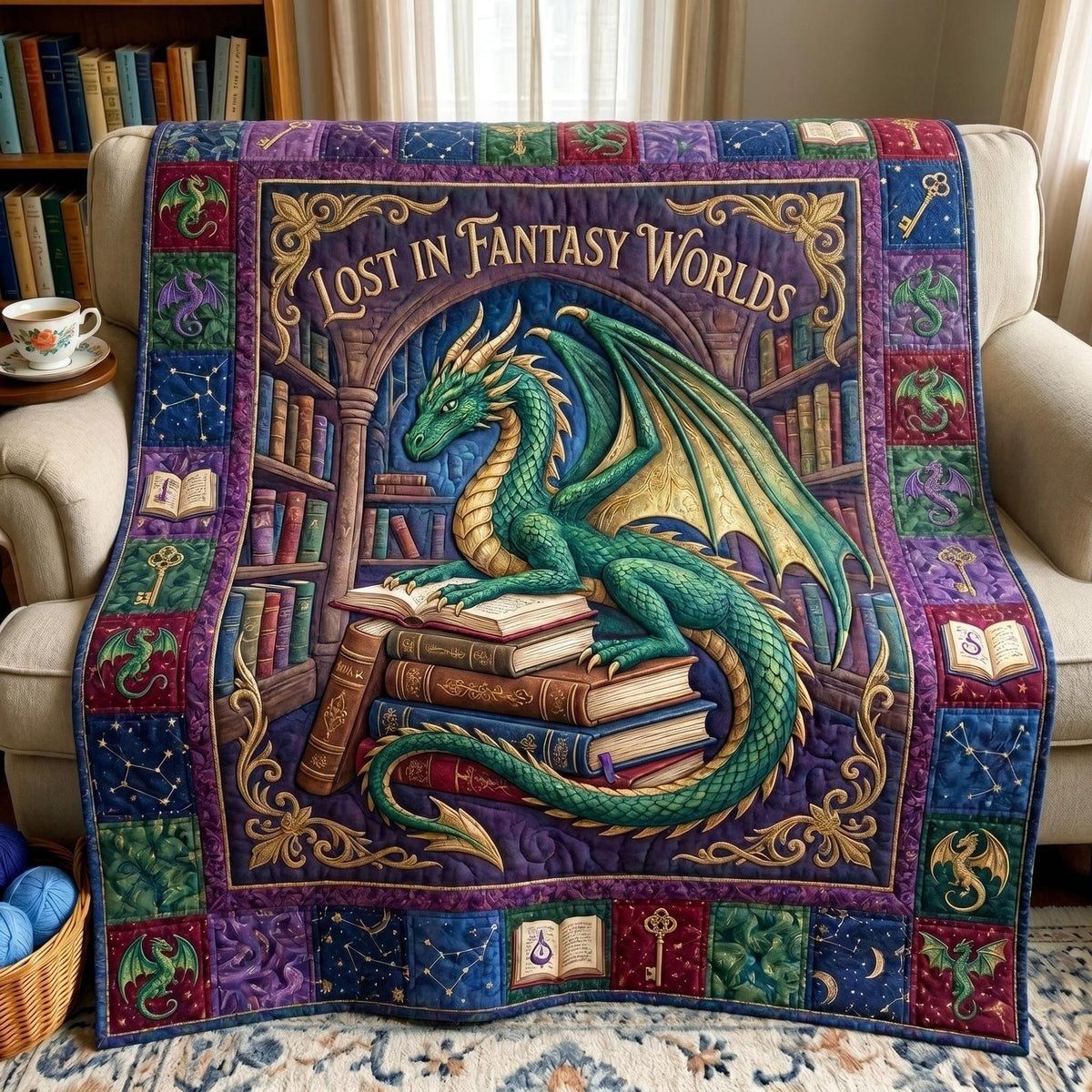 Bookworm Dragon Quilted Blanket printed blanket