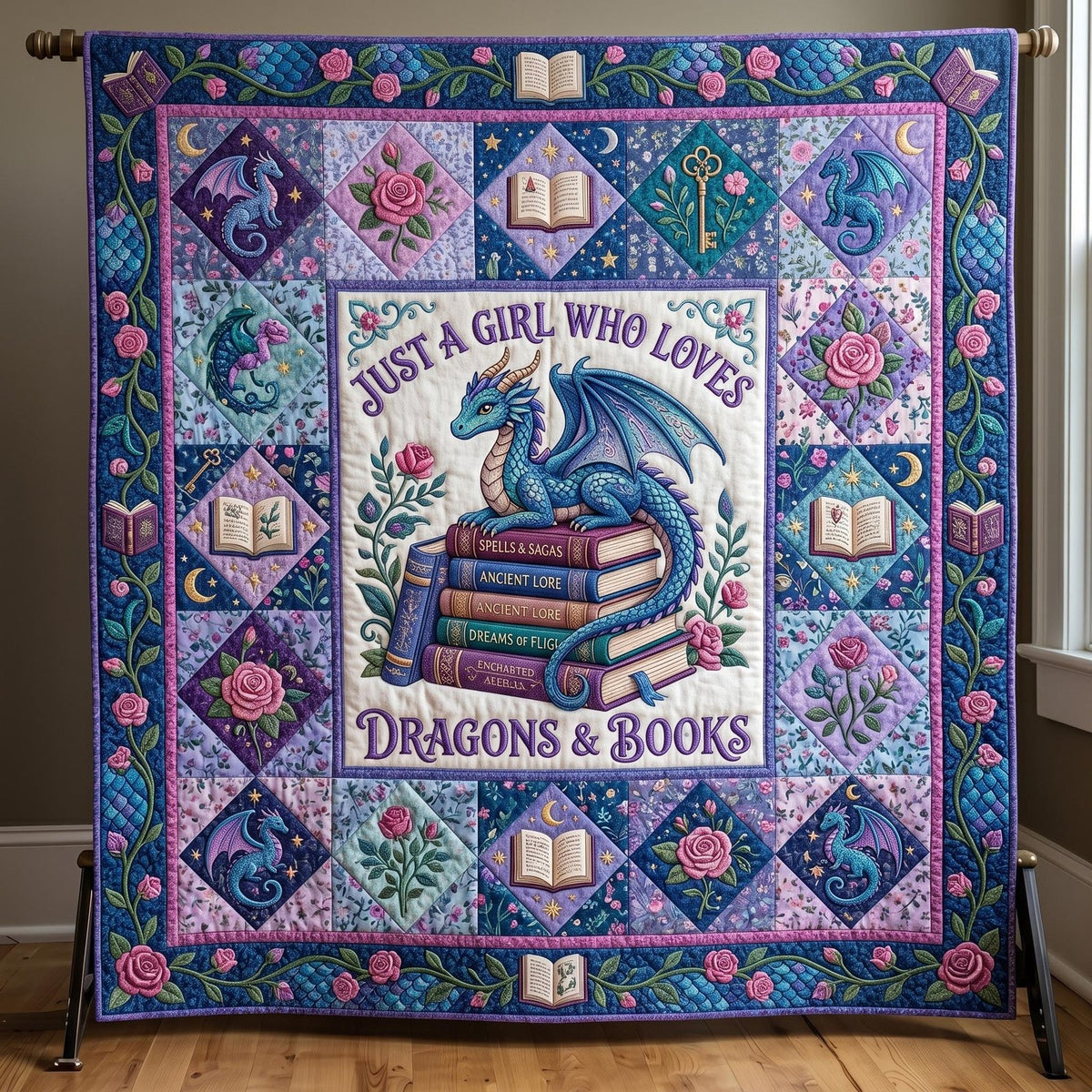 Bookworm Dragon Quilted Blanket printed blanket