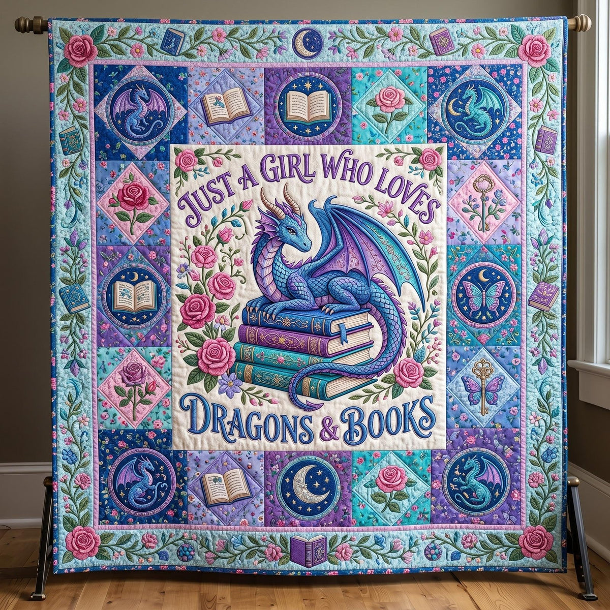 Bookworm Dragon Quilted Blanket printed blanket