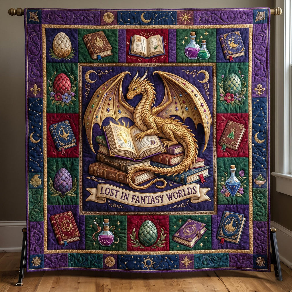 Bookworm Dragon Quilted Blanket printed blanket