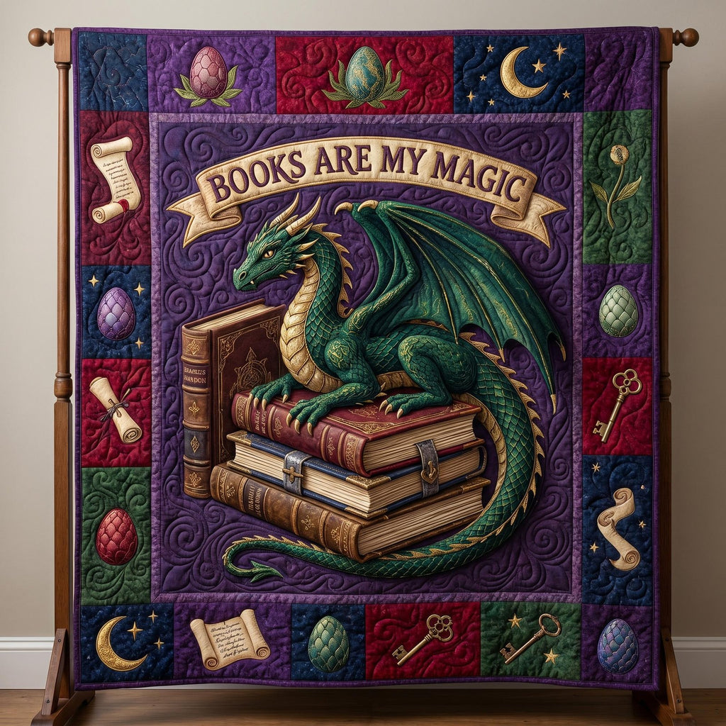 Bookworm Dragon Quilted Blanket printed blanket