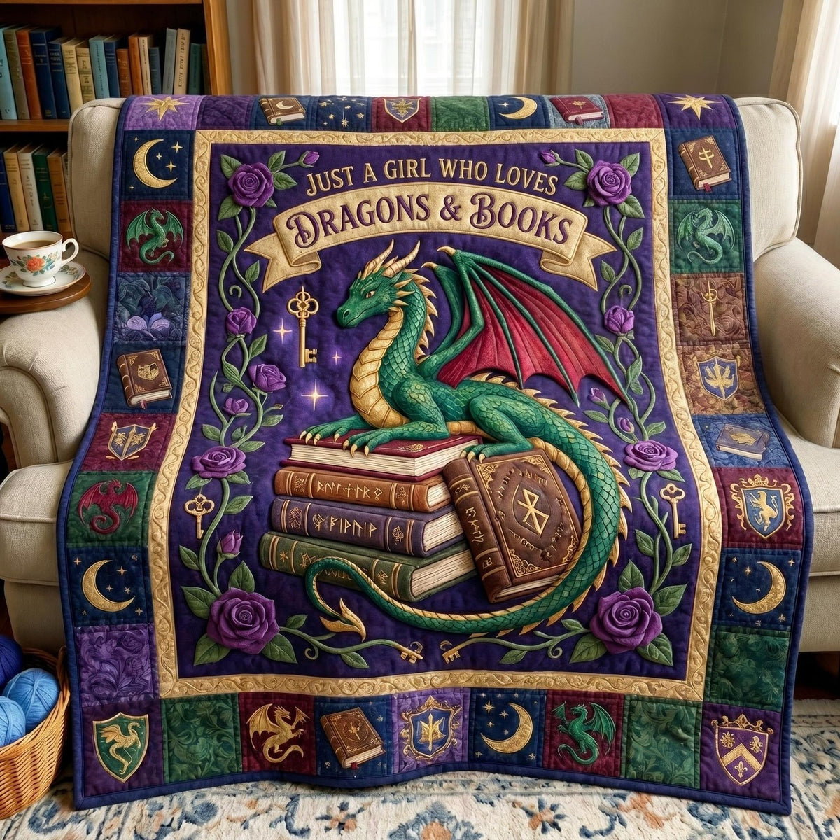Bookworm Dragon Quilted Blanket printed blanket