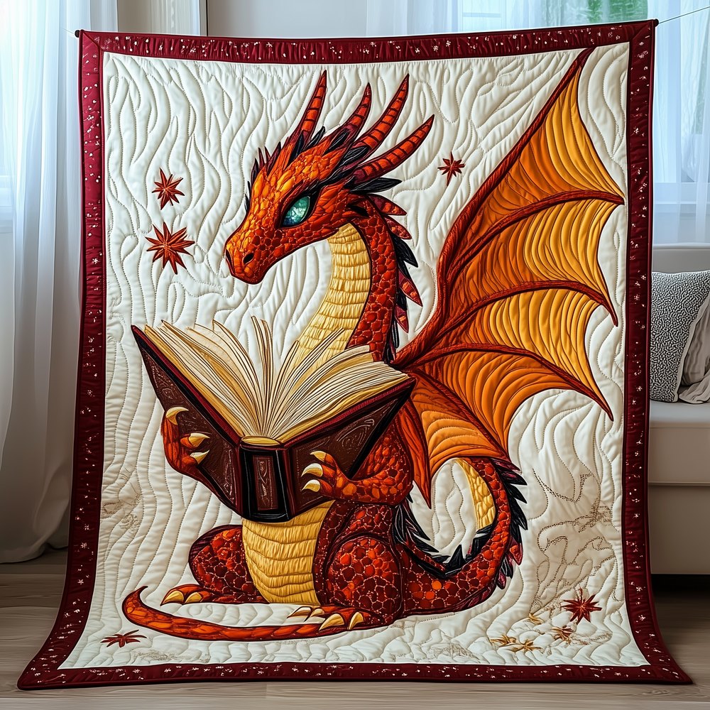 Bookworm Dragon Quilted Blanket printed blanket