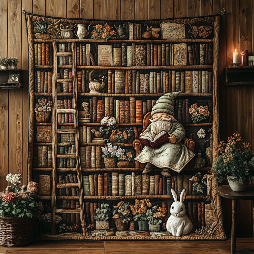 Bookworm Gnome Quilted Blanket printed blanket