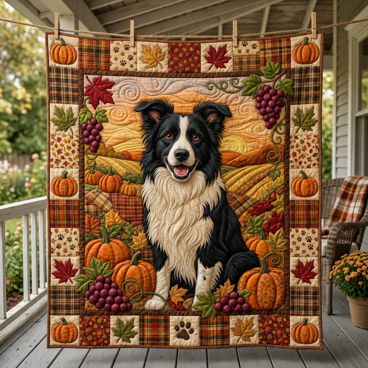 Border Collie Autumn Quilted Blanket printed blanket