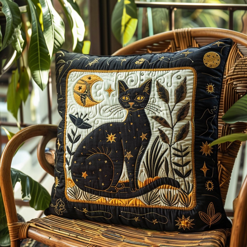 Botanical Black Cat Quilted Cushion Cover printed cushion cover