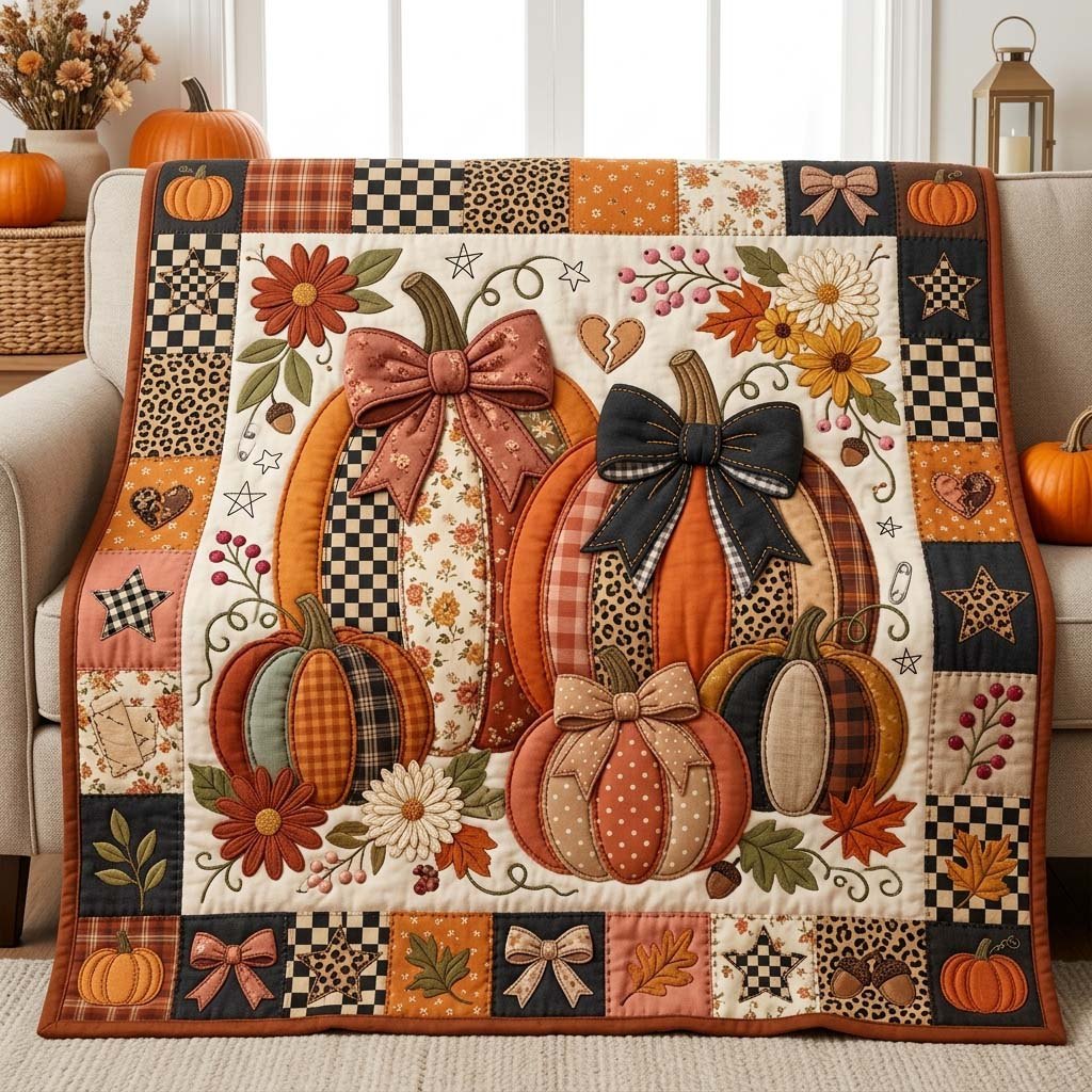 Bow Pumpkin Patch Quilted Blanket printed blanket
