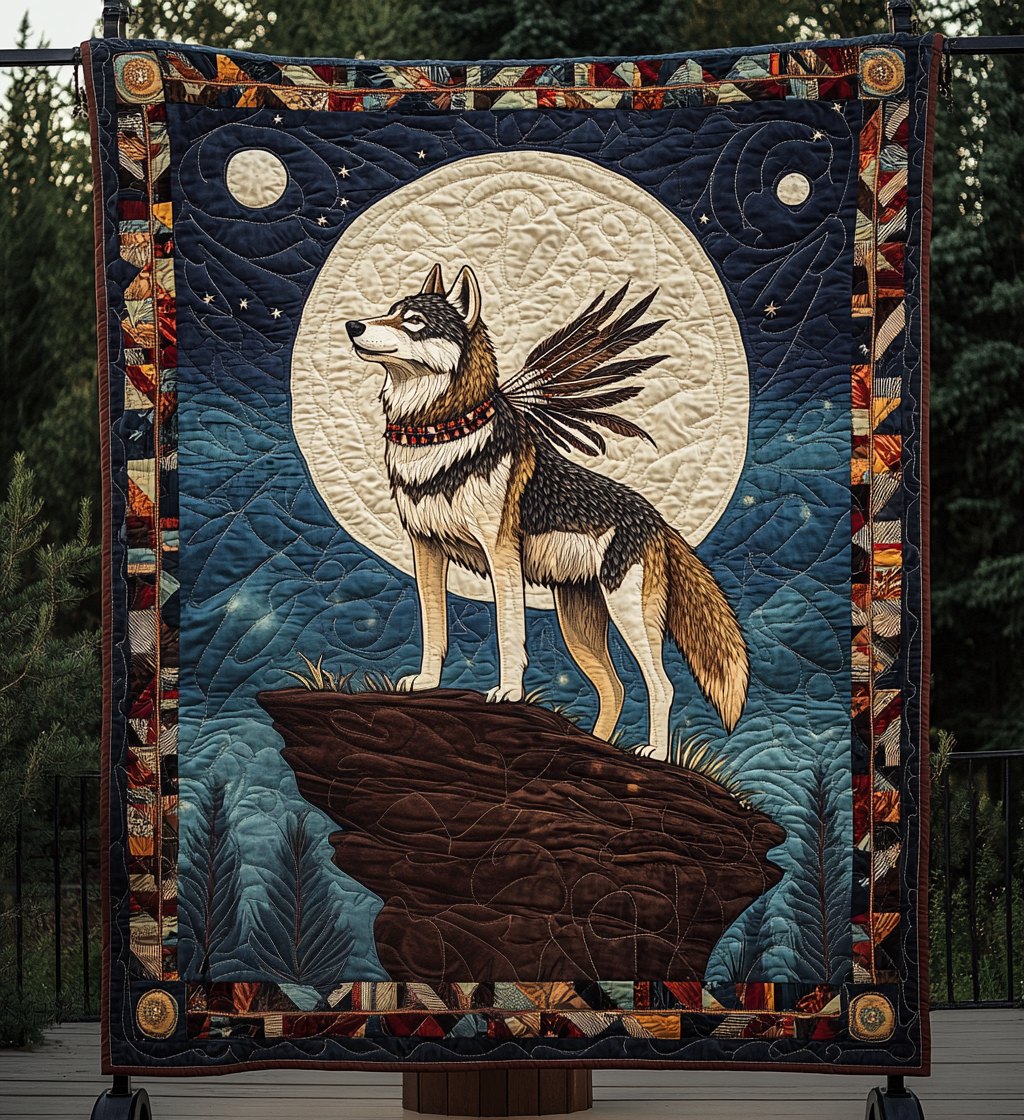 Brave Native Wolf Quilted Blanket printed blanket