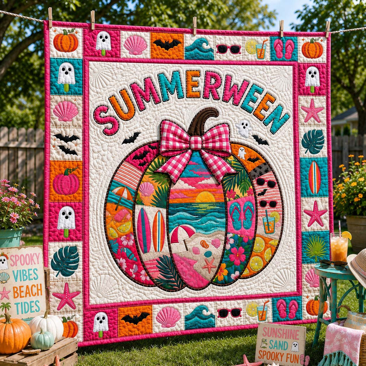 Bright Beach Pumpkin Quilted Blanket printed blanket