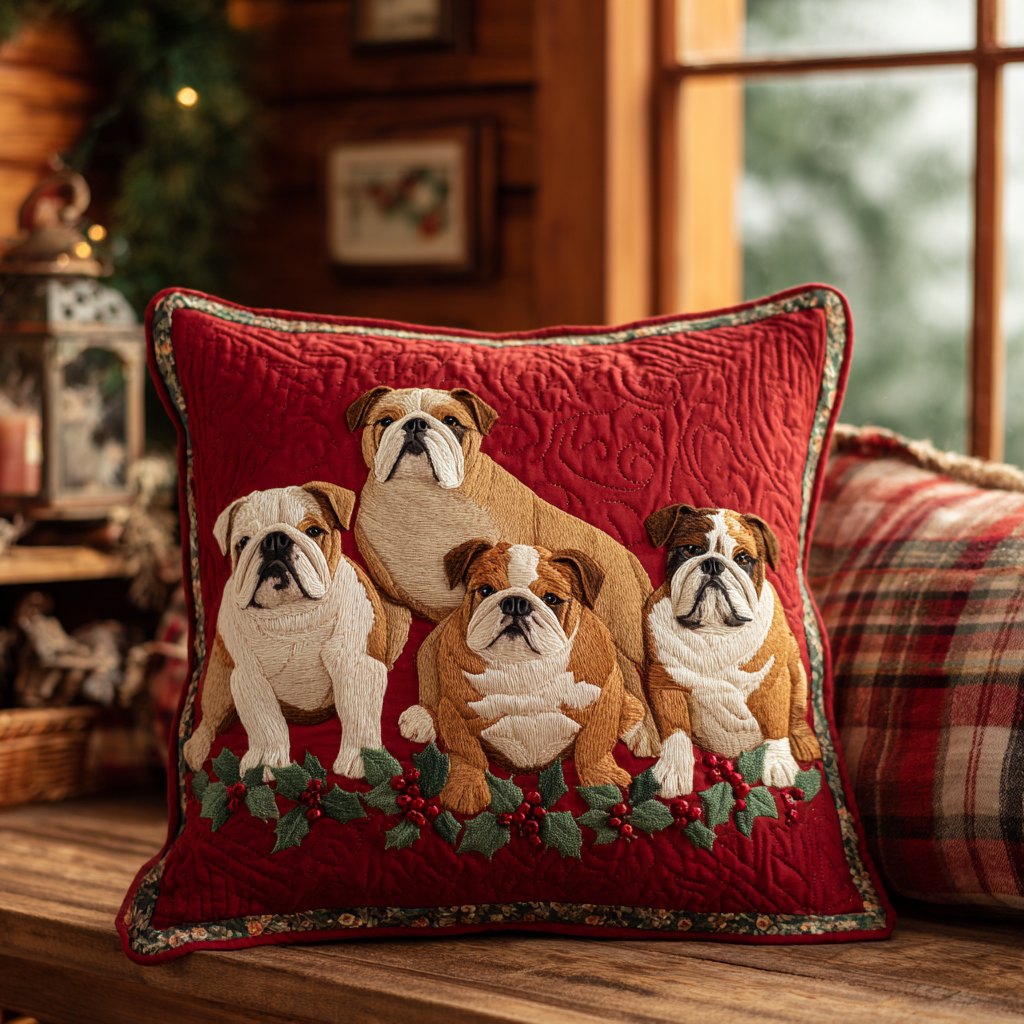 Bulldog Sleigh Ride Quilted Cushion Cover printed cushion cover