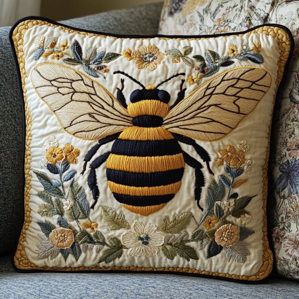 Bumble Bee Bloom Quilted Cushion Cover printed cushion cover
