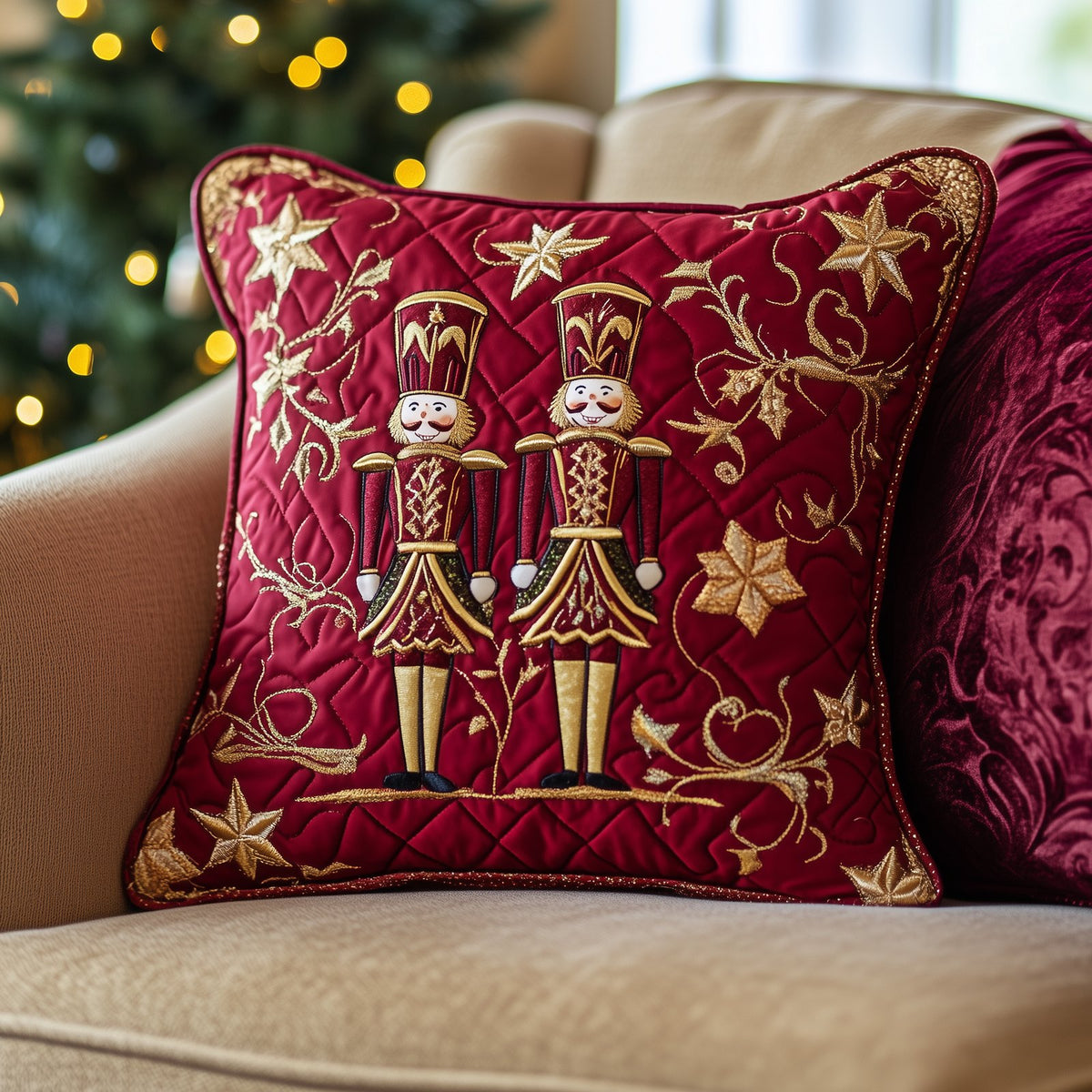 Burgundy Nutcracker Quilted Cushion Cover printed cushion cover