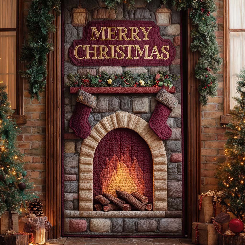 Burgundy Trim Fireplace Quilted Door Curtain printed door curtain