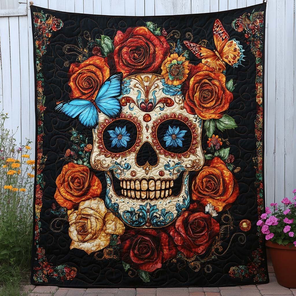 Butterfly Skull Bloom Quilted Blanket printed blanket