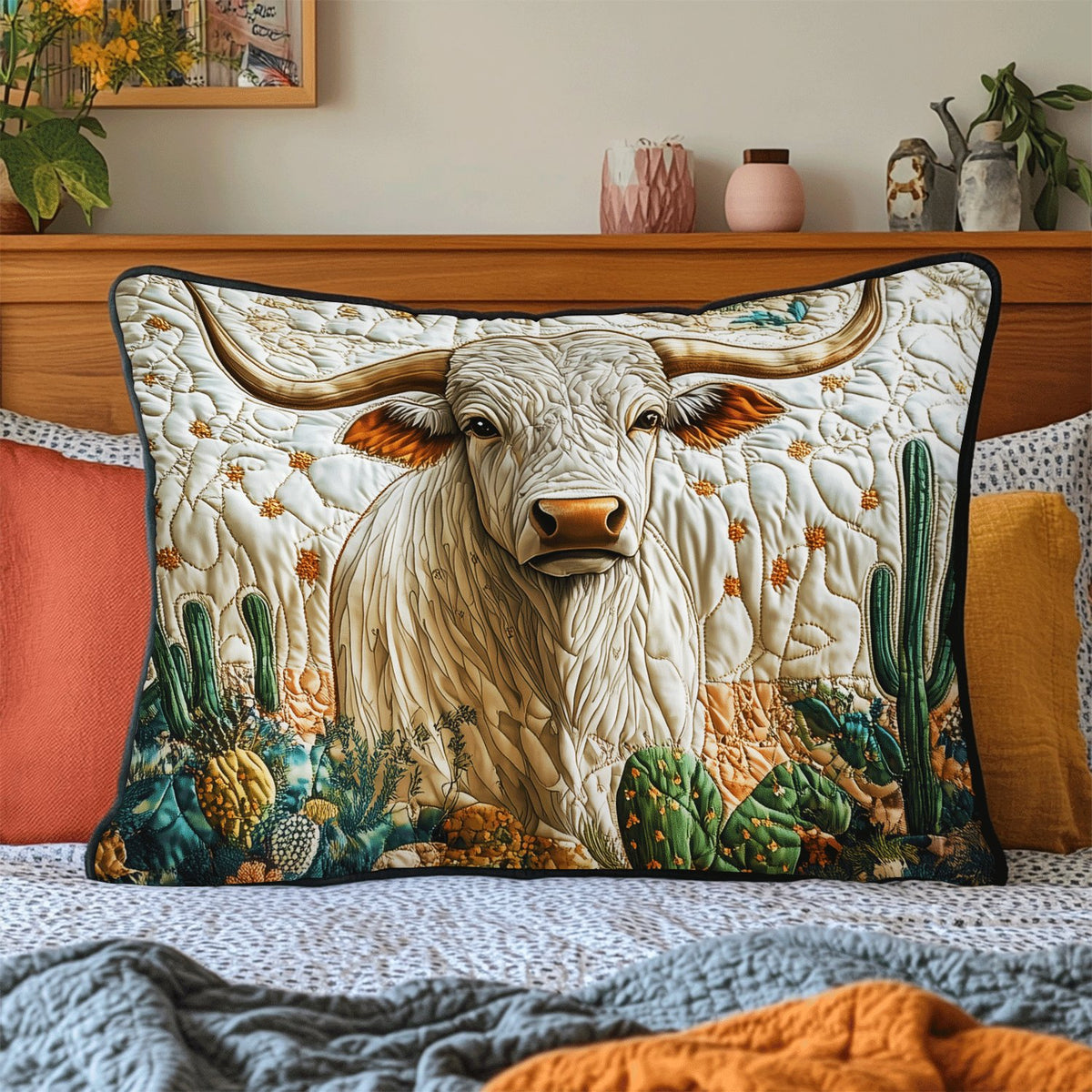 Cactus Longhorn Quilted Bedding Cushion Cover printed cushion cover