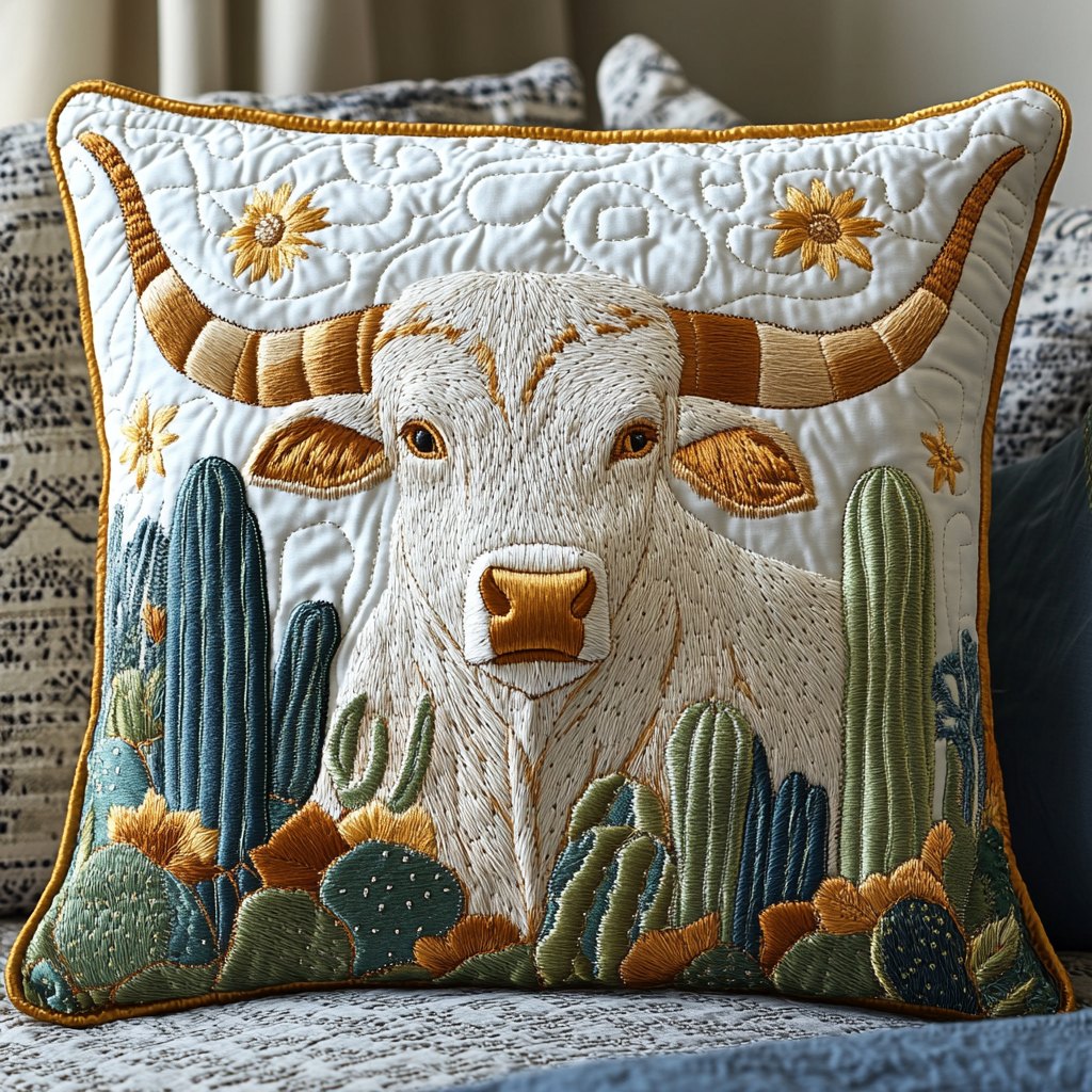 Cactus Longhorn Quilted Cushion Cover printed cushion cover