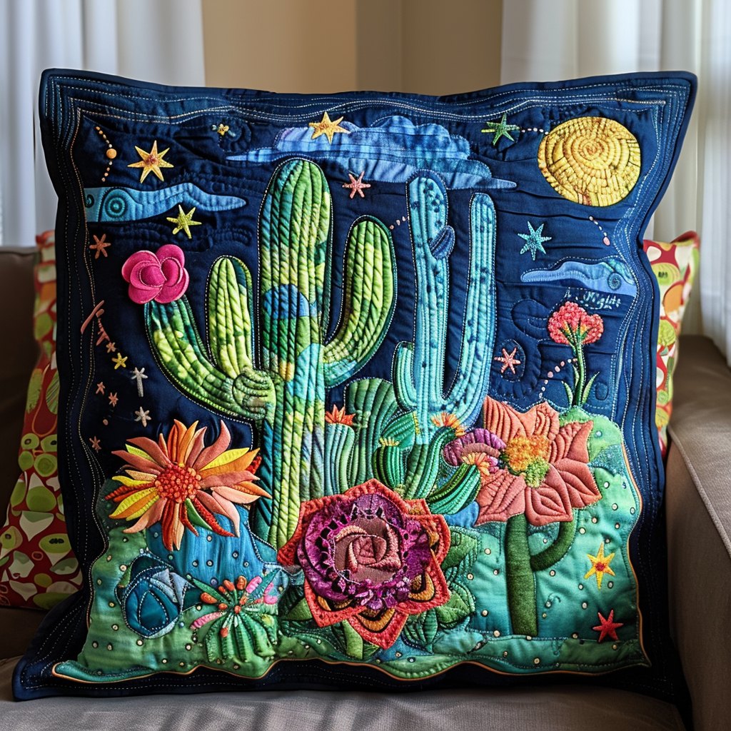 Cactus Night Quilted Cushion Cover printed cushion cover
