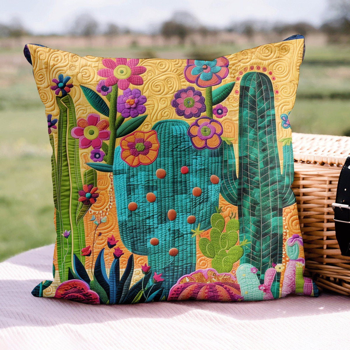 Cactus Sunrise Symphony Quilted Cushion Cover printed cushion cover