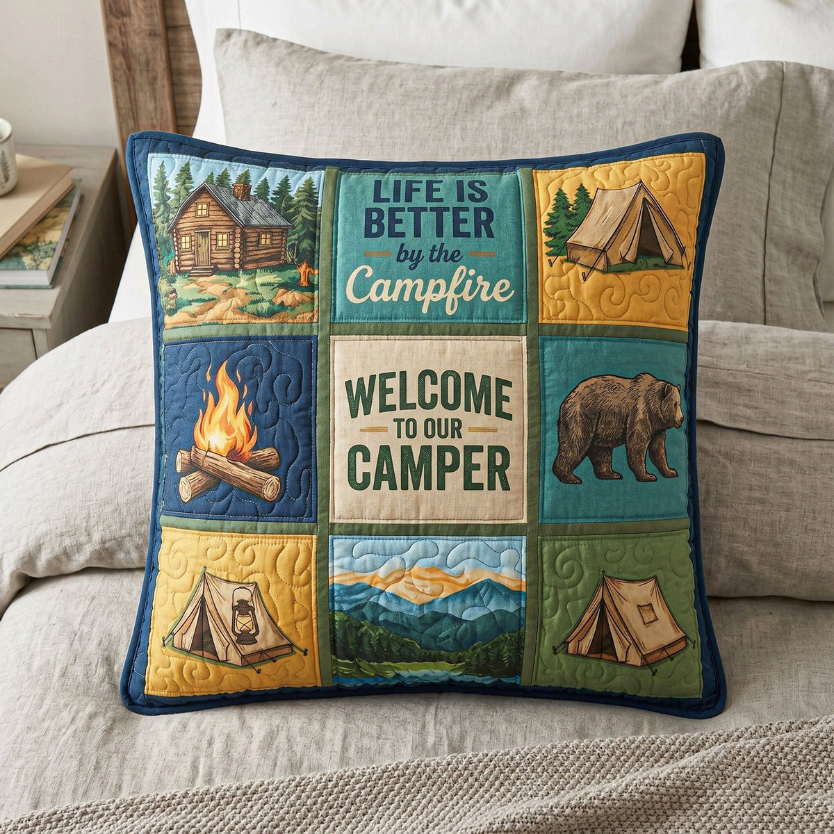 Camp Escape Quilted Cushion Cover printed cushion cover