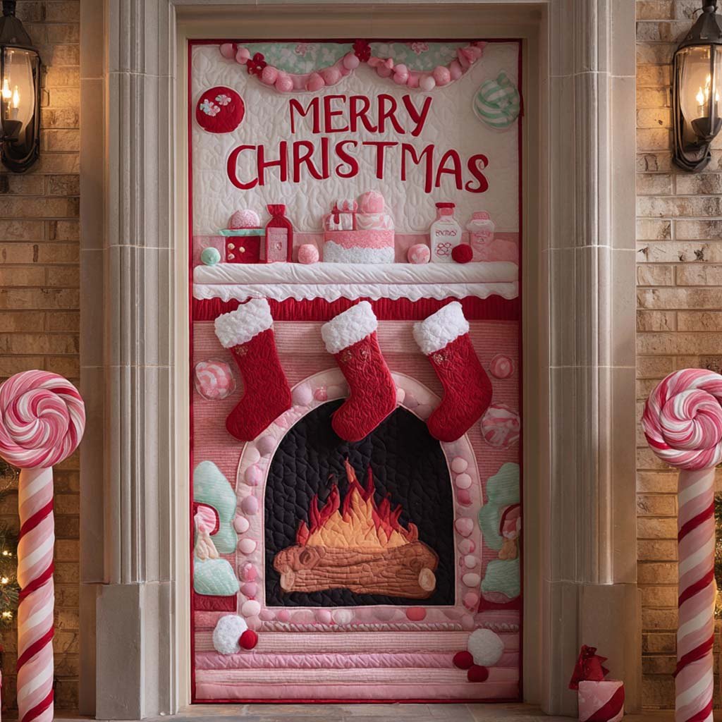 Candy Cane Fireplace Quilted Door Curtain printed door curtain