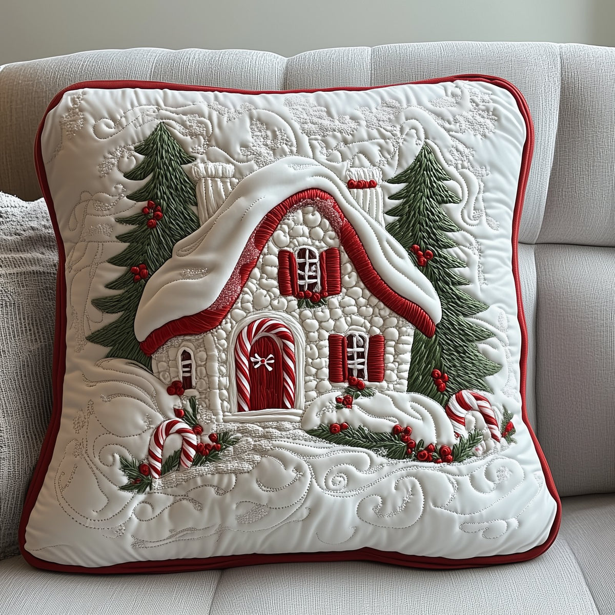 Candy Canes Whimsical House Quilted Cushion Cover printed cushion cover