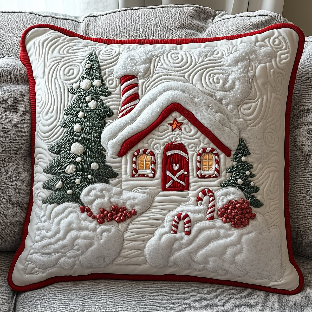 Candy Canes Whimsical House Quilted Cushion Cover printed cushion cover