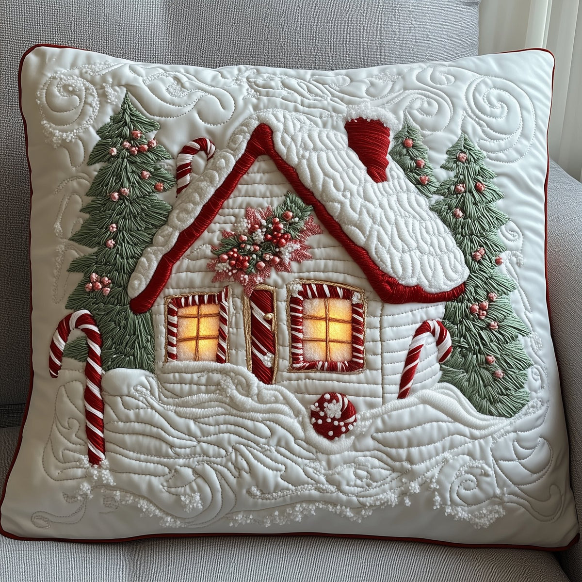 Candy Canes Whimsical House Quilted Cushion Cover printed cushion cover