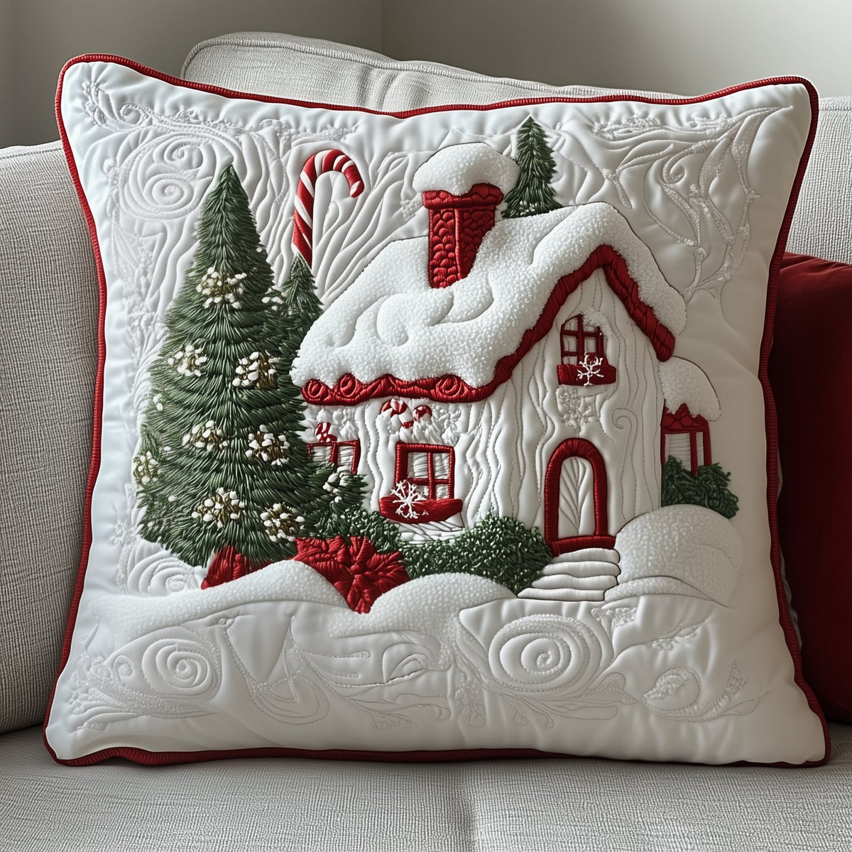 Candy Canes Whimsical House Quilted Cushion Cover printed cushion cover