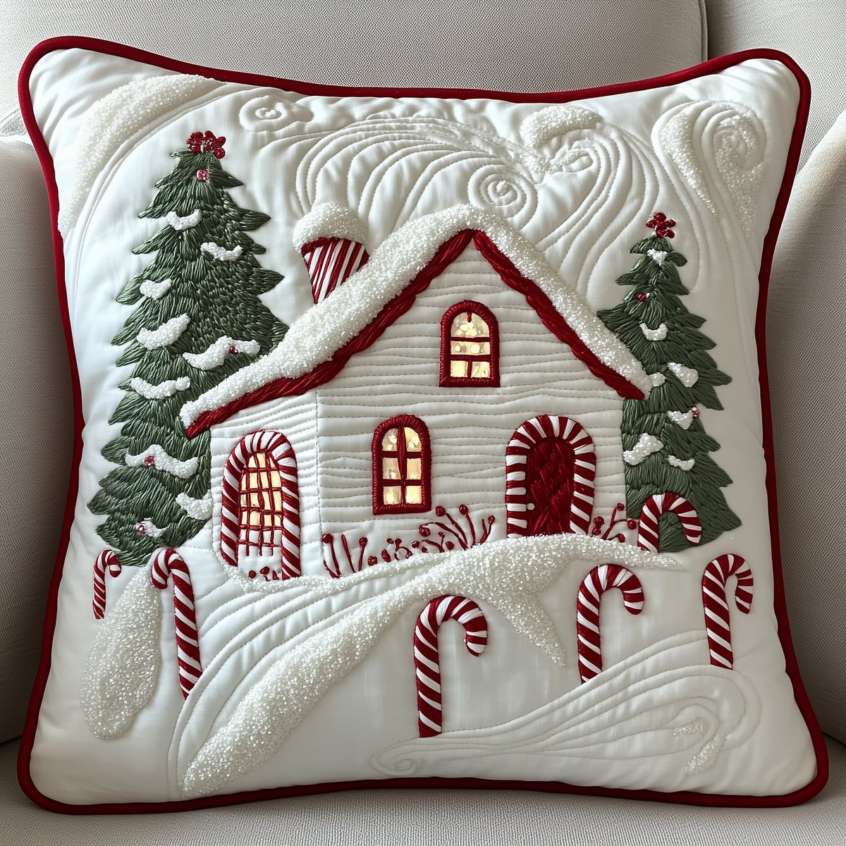 Candy Canes Whimsical House Quilted Cushion Cover printed cushion cover