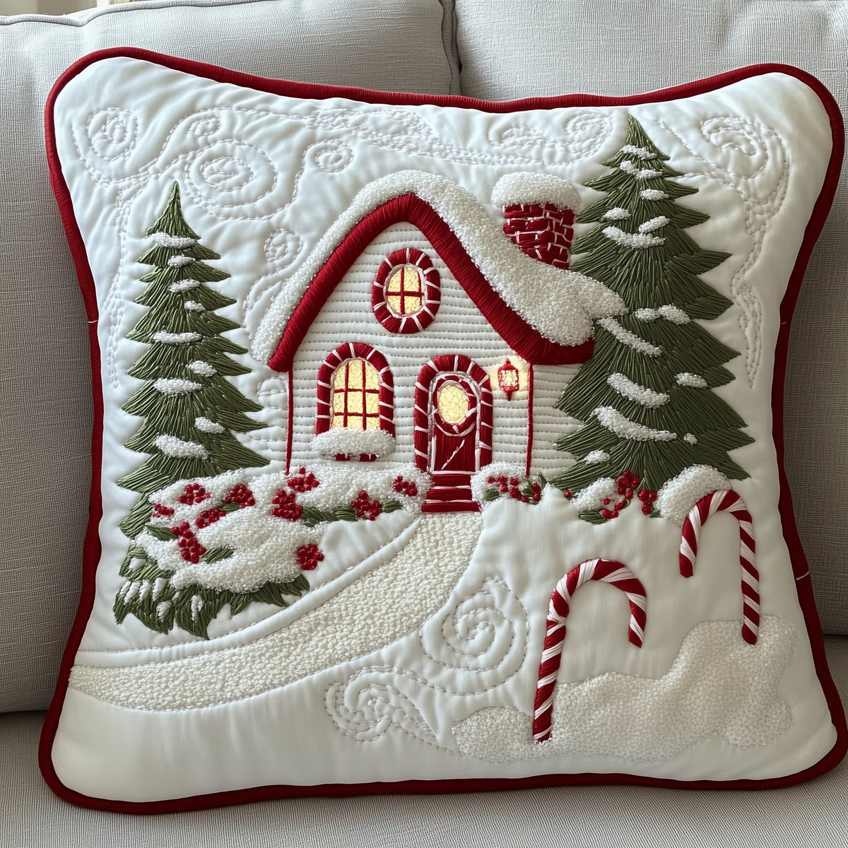 Candy Canes Whimsical House Quilted Cushion Cover printed cushion cover