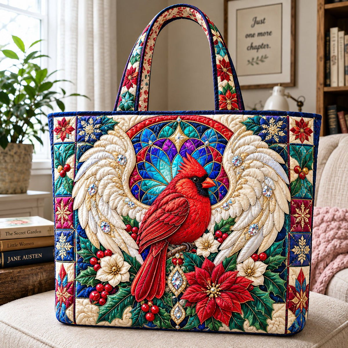 Cardinal Bird Blessing Quilted Tote Bag printed tote bag