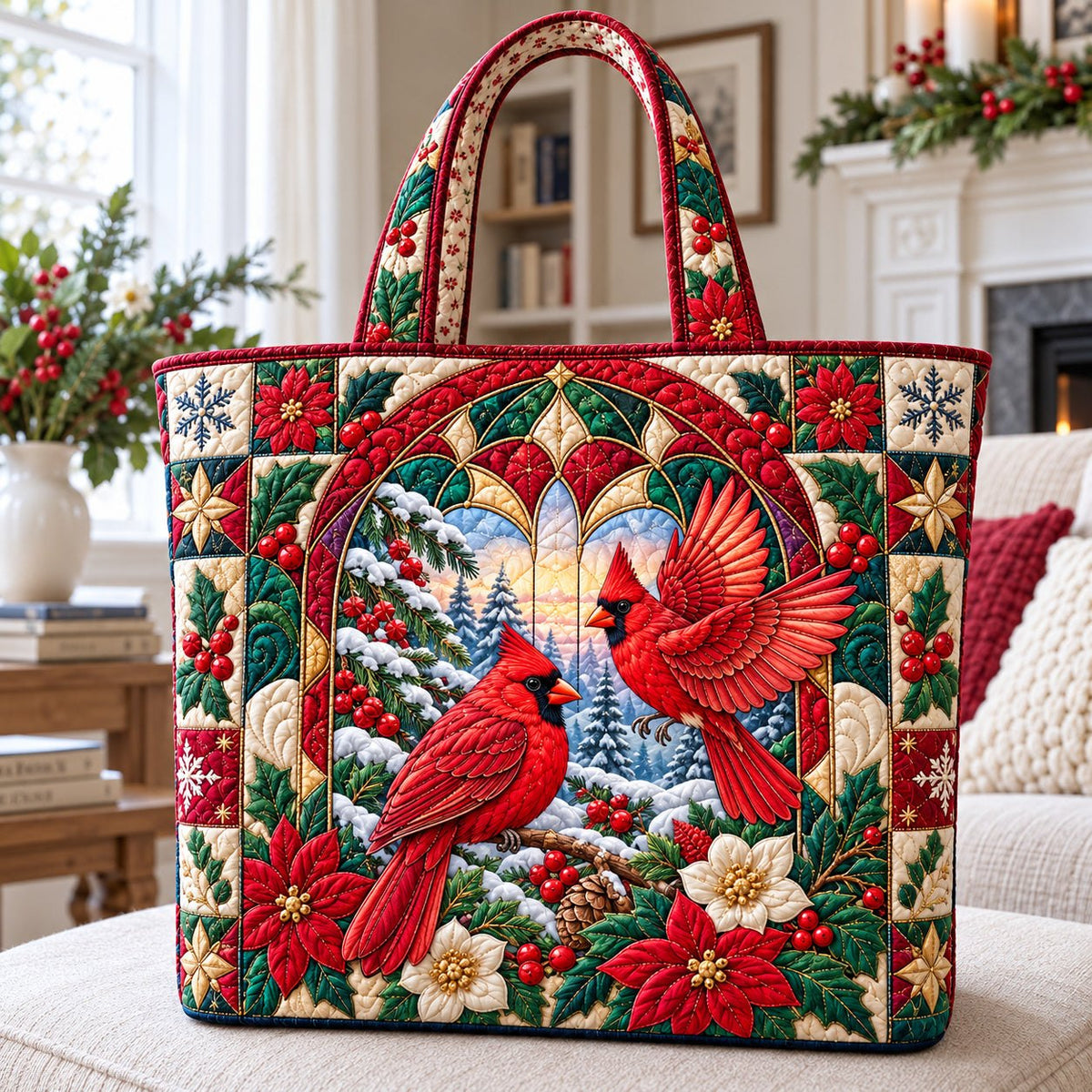 Cardinal Bird Heaven Quilted Tote Bag printed tote bag