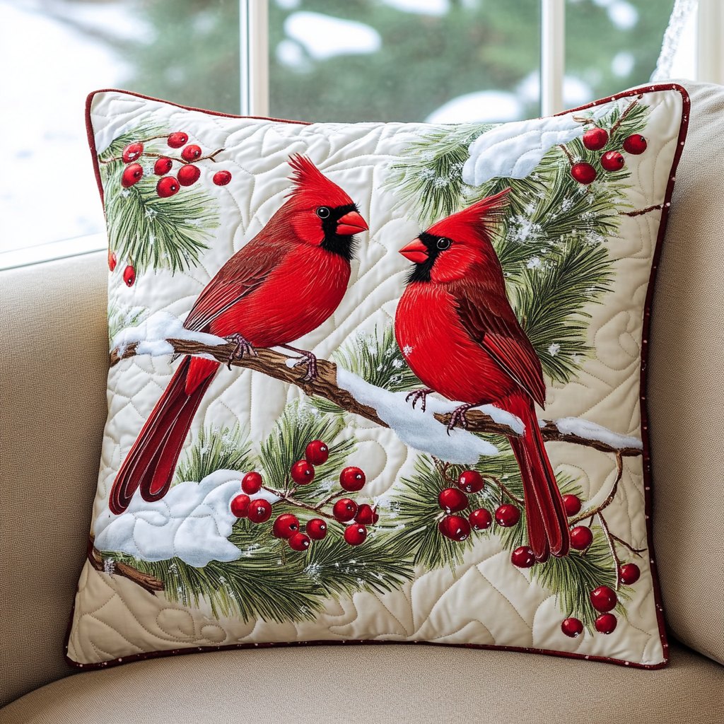 Cardinal Christmas Delight Quilted Cushion Cover printed cushion cover