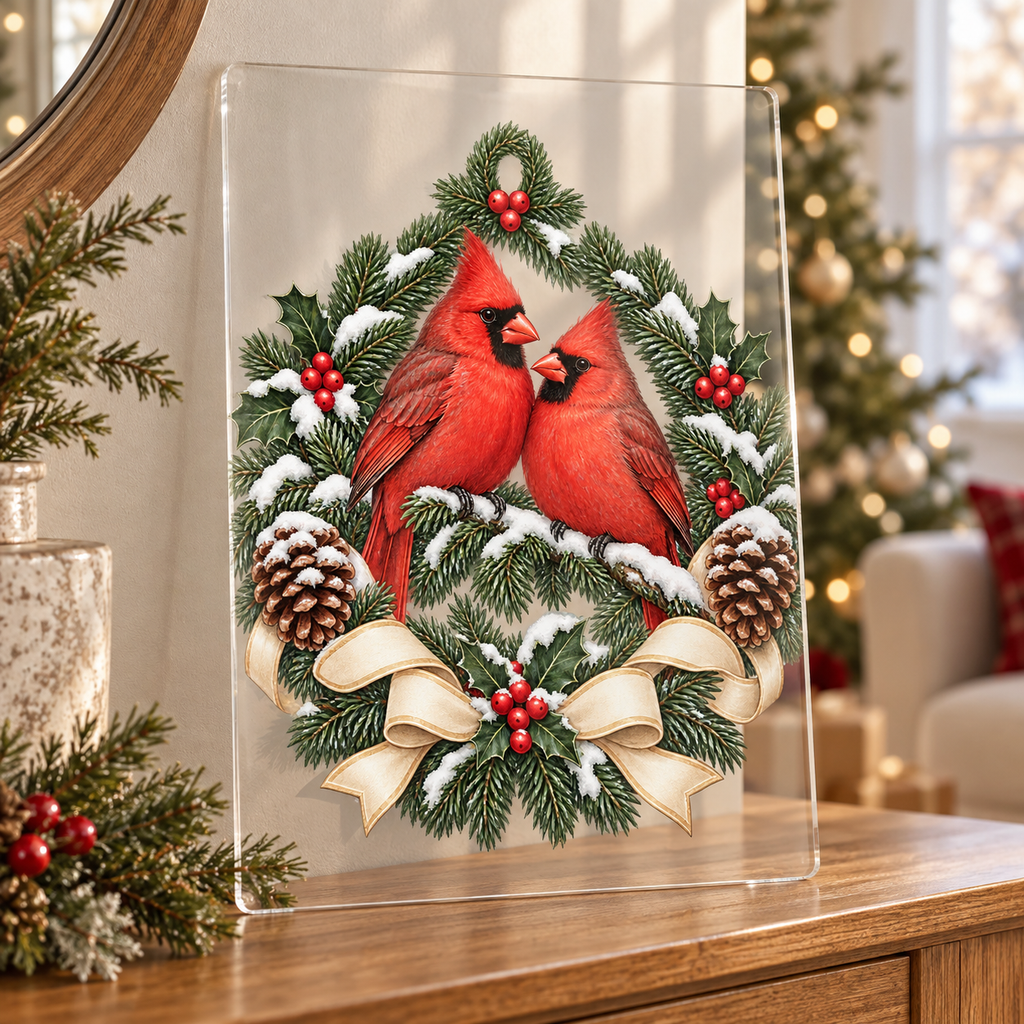 Large cardinal Christmas acrylic sign leaning on a console in a holiday entryway; console and decorations are styling props