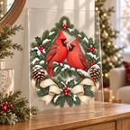 Large cardinal Christmas acrylic sign leaning on a console in a holiday entryway; console and decorations are styling props