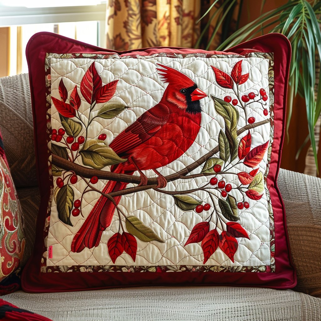 Cardinal On Crabapple Tree Quilted Cushion Cover printed cushion cover