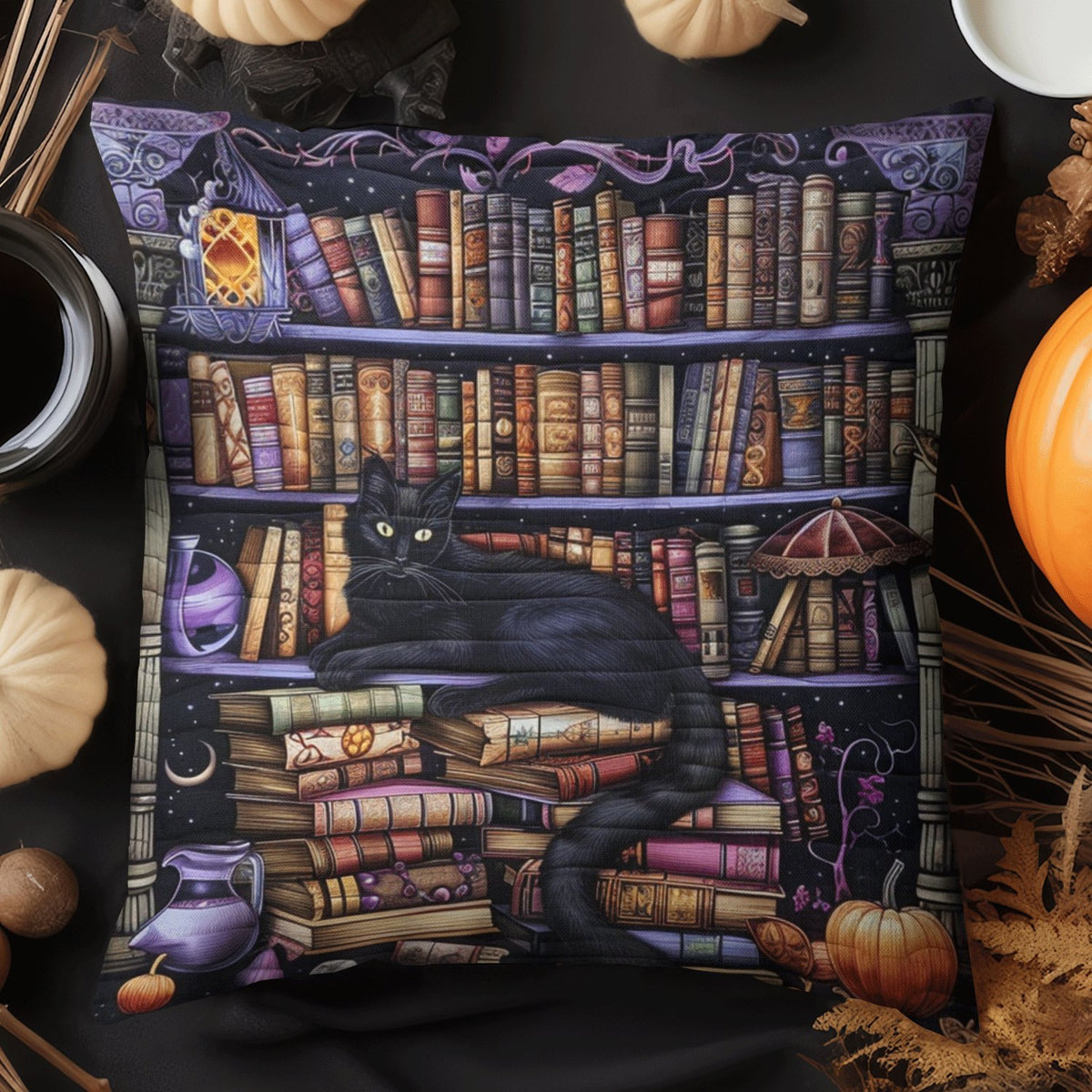 Cat Among Books Quilted Cushion Cover printed cushion cover