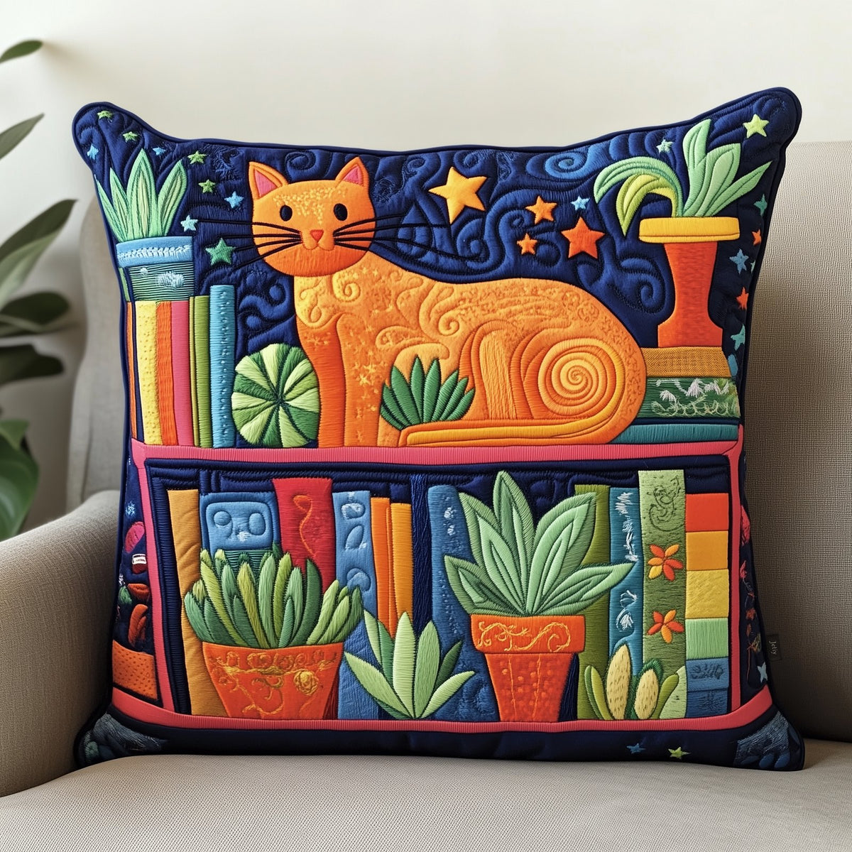 Cat Bookcase Quilted Cushion Cover printed cushion cover