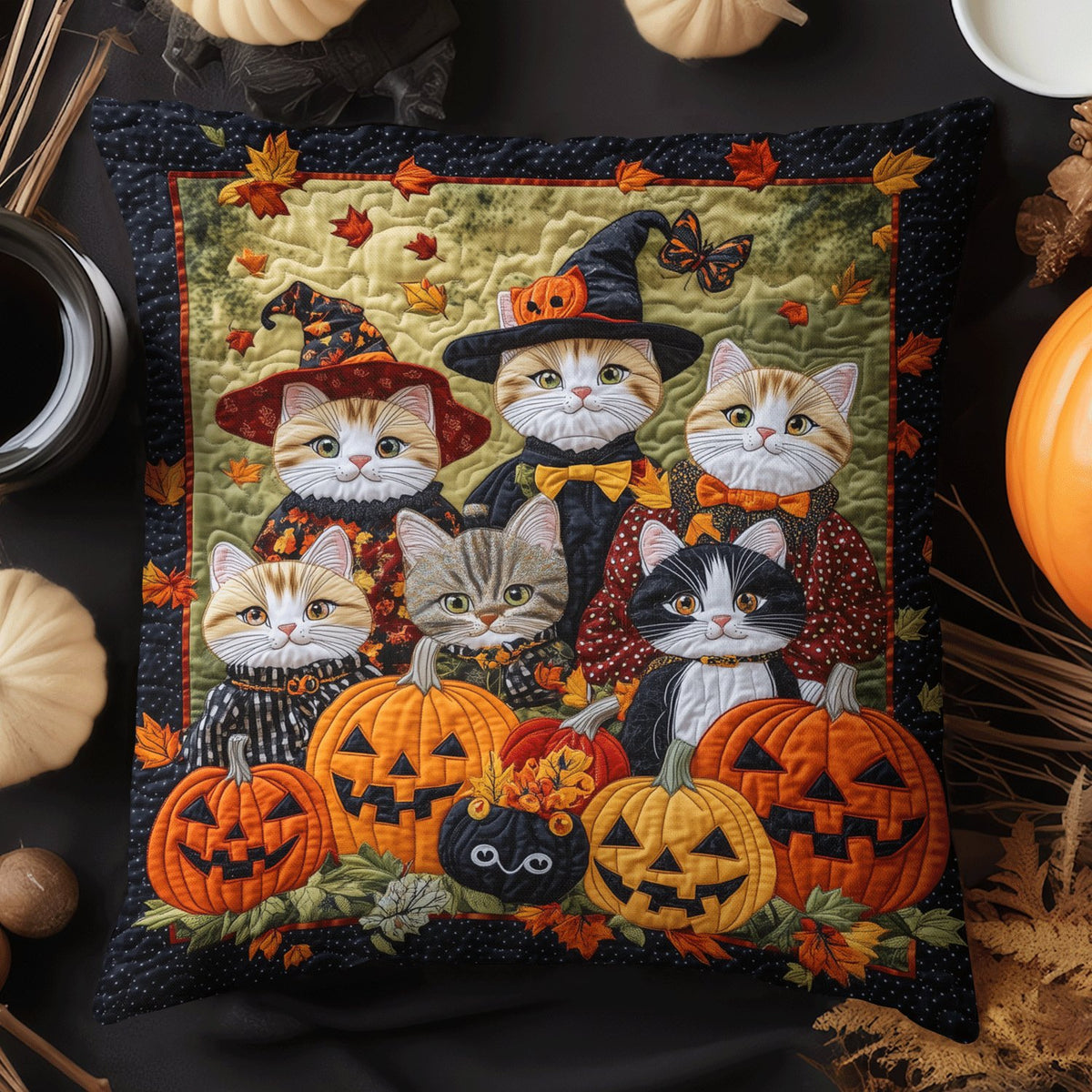 Cat Coven Halloween Quilted Cushion Cover printed cushion cover