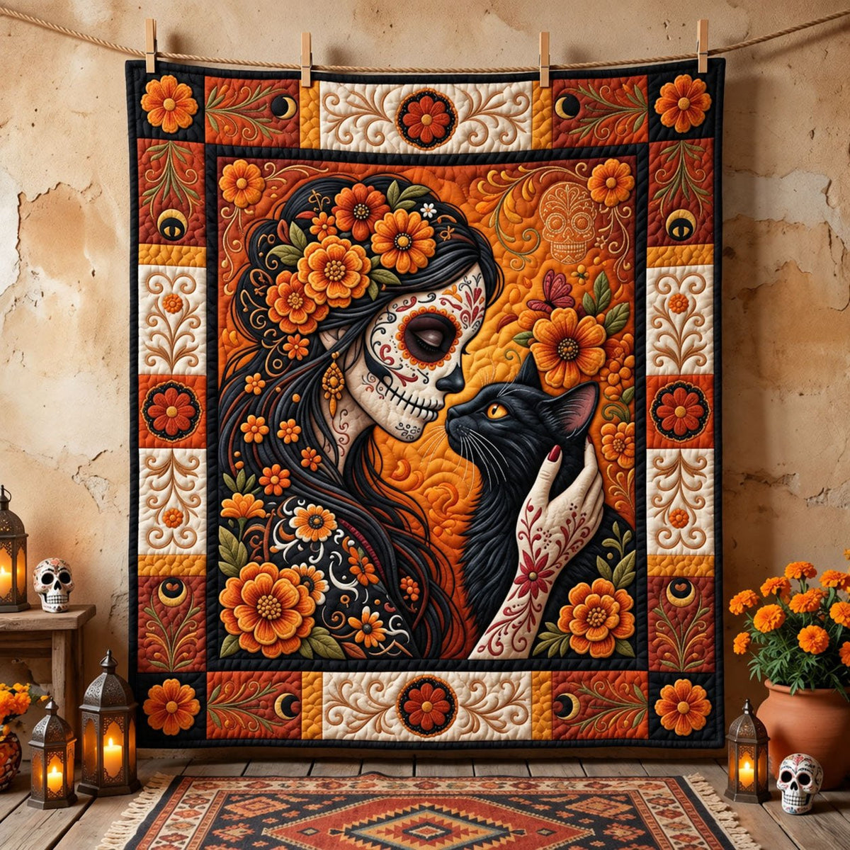 Catrina Black Cat Marigold Quilted Blanket printed blanket