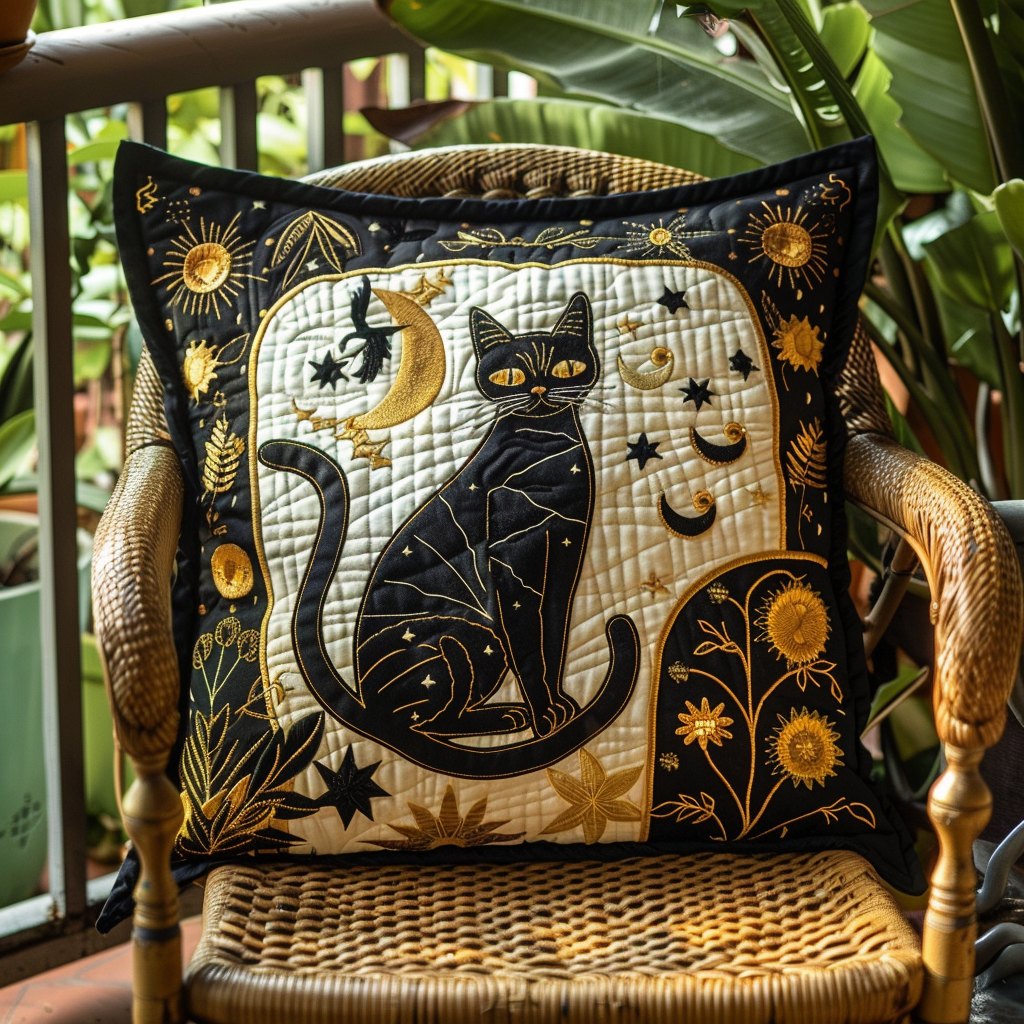 Celestial Black Cat Quilted Cushion Cover printed cushion cover