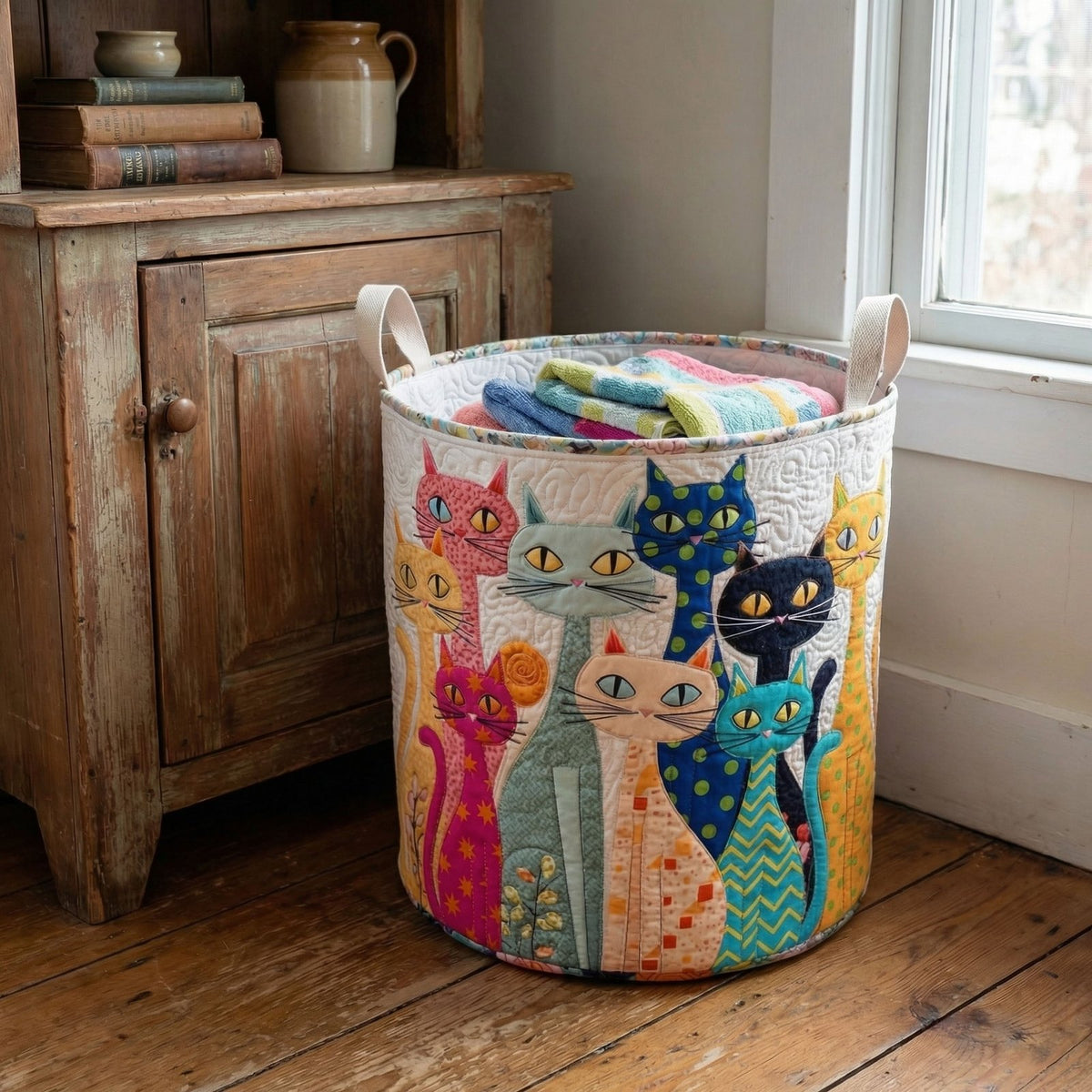 Charming Cat Meadow Quilted Laundry Hamper printed laundry hamper