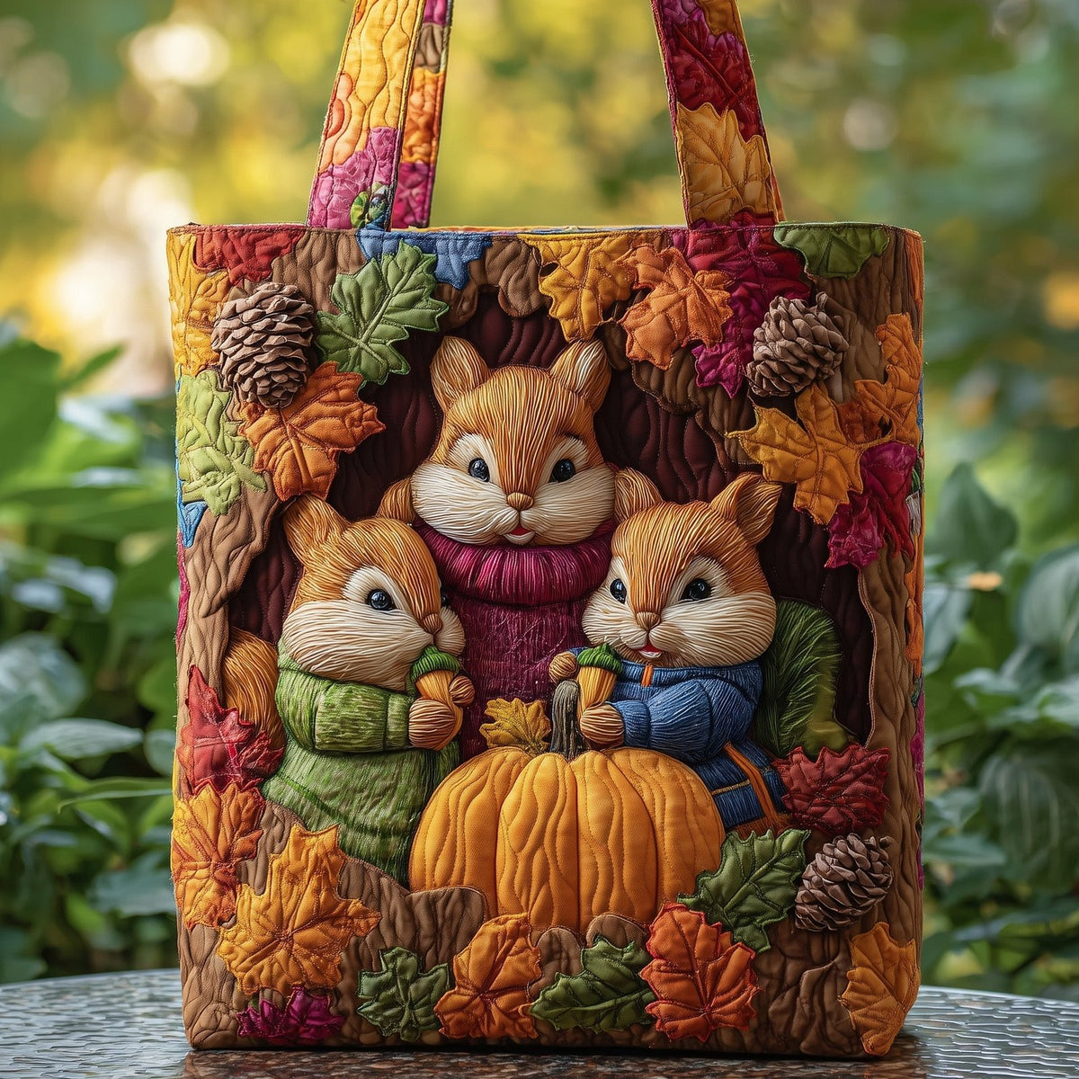 Charming Fall Squirrel Quilted Tote Bag printed tote bag