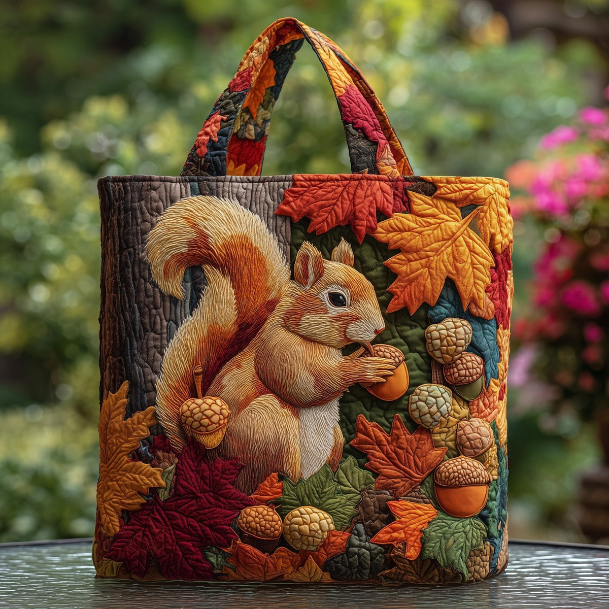 Charming Fall Squirrel Quilted Tote Bag printed tote bag